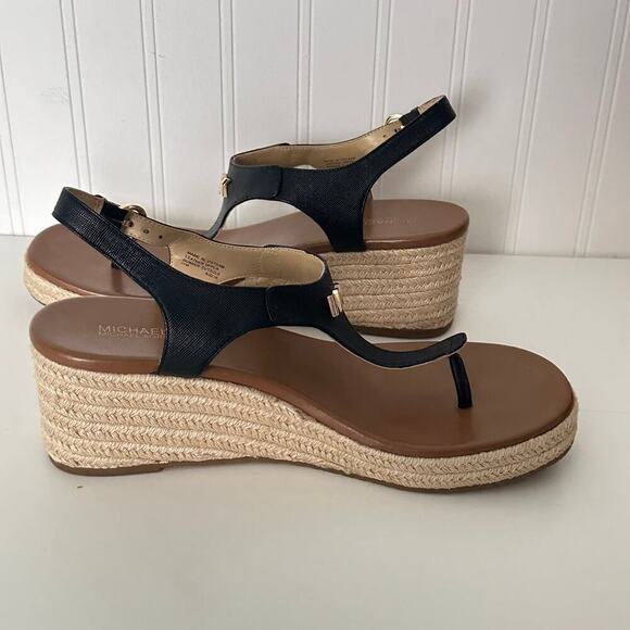Michael Kors Laney Saffiano Leather Espadrille Wedge Sandals in Black (11) - Picture 13 of 14